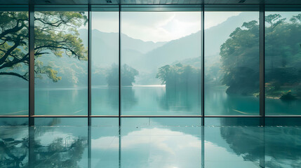 Tranquil Lake Reflection Through Window: Evoking Calmness and Clarity for Any Brand - Relaxation Concept