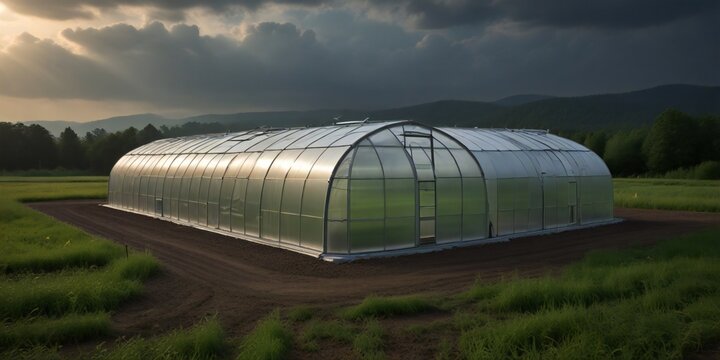 Drone view onto a row of greenhouse - Powered by Adobe