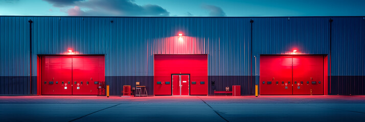 modern big industrial building exterior with big red doors, industrial architecture