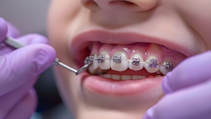 A young boy with braces undergoing orthodontic treatment. Concept Orthodontic Treatment, Childhood Smiles, Braces Journey, Growing Up with Braces, Dental Health