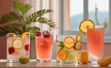Fototapeta premium Cold summer fruity lemonade drinks, refreshing infused water in glasses, diet, detox and healthy lifestyle.