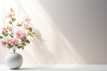 Artificial flowers levitating, hanging flowers on a white background, white wall with window shadow. Background, backdrop with copy space. Template, mockup for your advertising, posters.