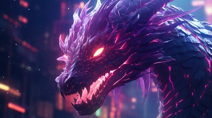 Dragon Head Portrait In Neon Pink Purple City Night - Generative AI