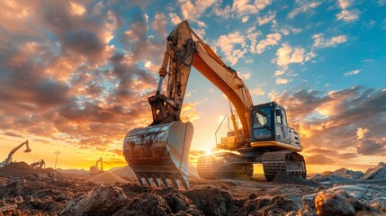 Team of workers guiding a large excavator as it digs at a construction site, demonstrating teamwork and precision.