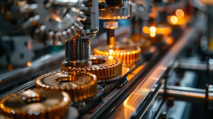 Close-up of complex machinery gears and cogs in action, highlighting precision and advanced technology in a manufacturing setting.