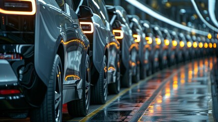 Close-up of an electric vehicle battery assembly line with engineers conducting thorough inspections and functionality tests.