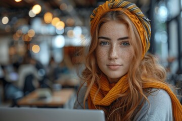 Fototapeta premium Red-haired young woman with striking eyes using a laptop in an urban setting