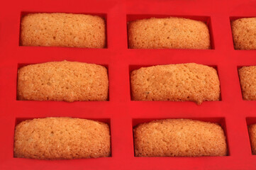 Financiers aux amandes dans un moule en silicone en gros plan