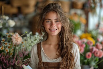 A cheerful young woman with messy hair smiling brightly in a floral boutique surrounded by colorful flowers