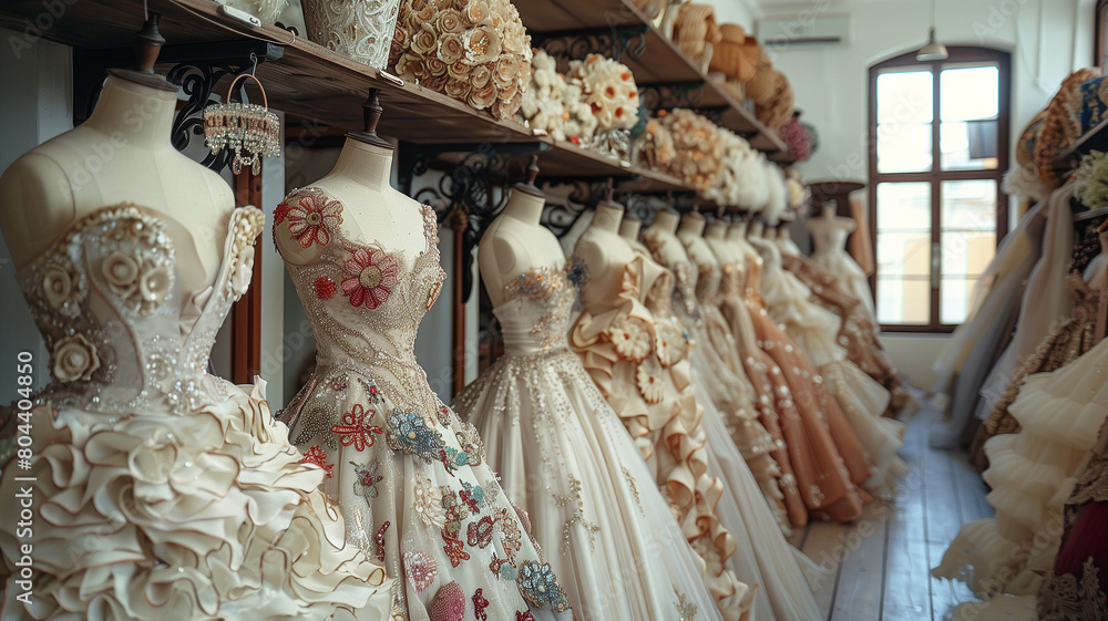 Poster this multiple dresses neatly displayed on a shelf. dresses arranged neatly on a shelf