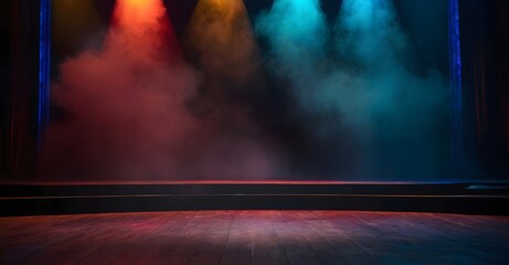 Stage with smoke float up and spotlights. Bright colorful podium background.