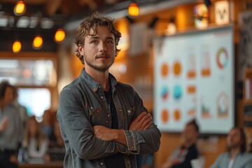 A high-tech startup pitch in a minimalist office, young founder presenting to potential investors, dynamic slides with futuristic graphs, a backdrop of clean lines and white spaces