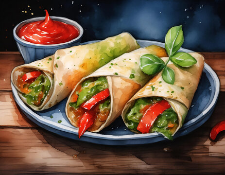 watercolor mexican spicy fajitas illustration with salsa on wooden table food background