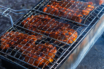 Marinated skewers are prepared on a barbecue grill over charcoal. Shish kebab or shish kebab is popular in Eastern Europe. Shish kebab was originally made from mutton. BBQ grilled beef kebab. 