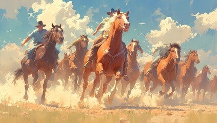A herd of wild horses galloping across the desert, their hooves splashing dust as they run with freedom and power.