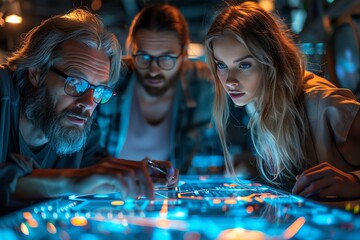 Four tech professionals collaborating over gadgets in a high-tech office environment, digital screens displaying data