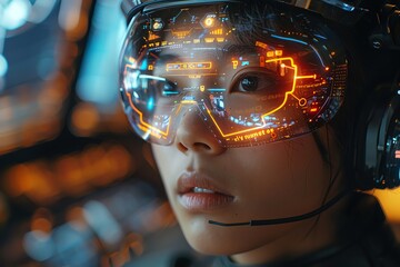 Futuristic customer support center scene, featuring an Asian male customer service agent with augmented reality glasses, interacting with holographic interfaces The background shows a dynamic, high-te