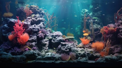 Aquarium Fish Tank Interior Corals Rocks And Seaweed - Generative AI