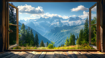 Mountain Majesty: Majestic Peaks Through a Window - Ideal for Adventure Tours in Relaxation Area - obrazy, fototapety, plakaty