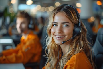 Two customer service workers collaborating over a computer in a tech startup environment, focused and detailed scene, warm tones