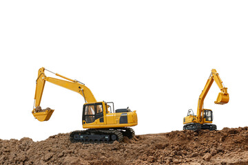 Crawler Excavator is digging soil in the construction site  on  isolated white background.