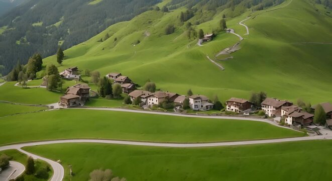 A tilt down aerial view of the winding roads cutting through the steep grass blank covered hills of the small village of La Val South Tyrol Italy LuPa Creative