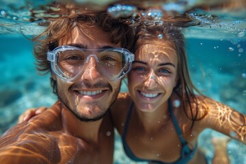 A playful couple is sharing an underwater adventure, showcasing the joy of exploring marine life with snorkels