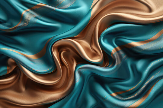 A background with swirling waves of teal and brown silk, creating an elegant texture for product display. Created with Ai