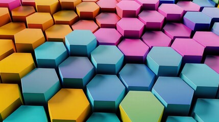 A dark color  of hexagons, each filled with a gradient transitioning through multiple hues, set against a contrasting vivid backdrop. 