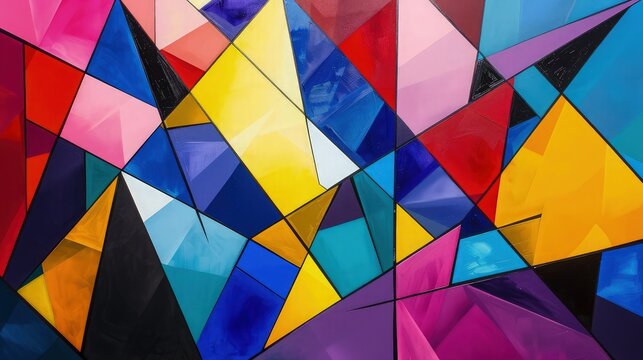  A collection of small, multicolored triangles arranged in a random pattern, resembling a digital pixilation effect.