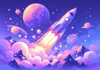 A purple and pink rocket launches from behind mountains 