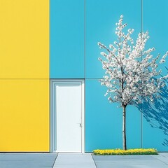 A Tree And White Door In front of a colourful building 