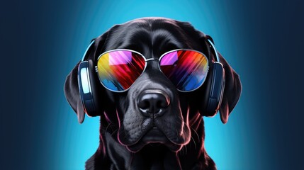 Black Labrador With Sunglasses And Headphones - Generative AI