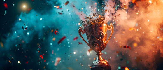 Champion golden trophy cup, goblet, bowl with sparkling lights, confetti, splashes, lights. Winning, congratulation background. Awards. Generative ai