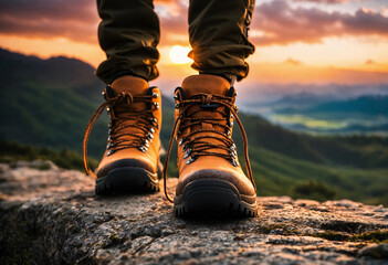 The legs of a man traveler going in hiking shoe for cross-country travel. Front view. Green highland with evening sunset sky on background. - 804407453