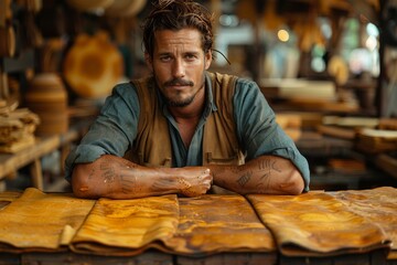 A focused male artisan with tattooed arms leans on a workbench surrounded by wooden pieces