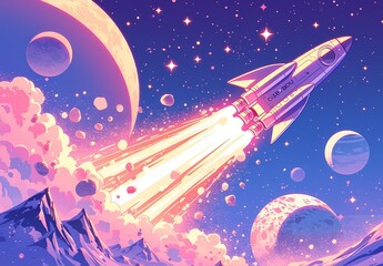 A space rocket is taking off from behind mountains, surrounded by purple and pink smoke, with planets in the background,