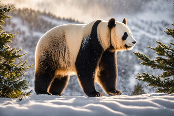 Big Chinese panda bear stands in the winter highland forest - 804407831