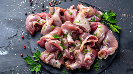 Raw chicken giblets gizzard  stomach  , meat background