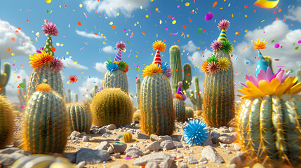 Cartoon Cacti Celebration in Desert Landscape: Lively Prickly Party with Party Hats and Confetti
