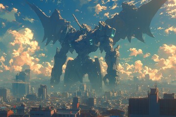A giant demon robot standing over the city