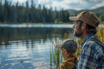 Serene scene of a father and his young son sitting by a serene lake, capturing a moment of bonding and contemplation