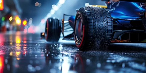 Fototapete Rund back rear wheel of blue Formula one racing car at evening start of race in rain on wet slippery asphalt © alexkoral