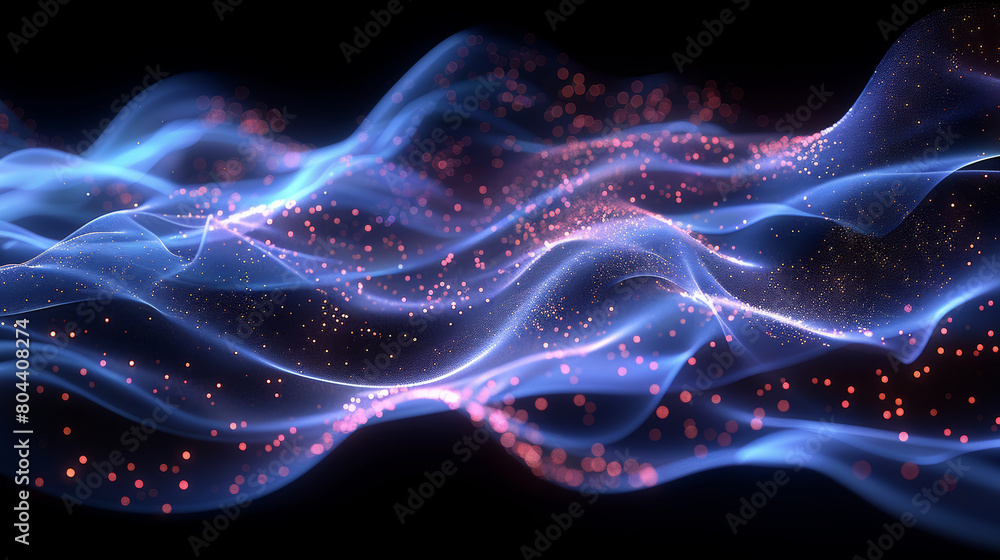 Poster elegant abstract background with waving blue particles and glowing lights, ideal for high-tech and c