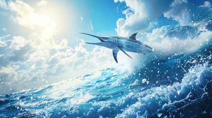 Dramatic moment a marlin fish jumps out of the sea water at sunny. AI generated image