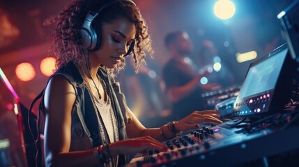 Female DJ Performing at a Nightclub with Vibrant Lights