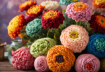 Beautiful vivid colorful knitted dahlias and aster flowers made yarn on wooden deck. Wool floral decoration. - 804408624