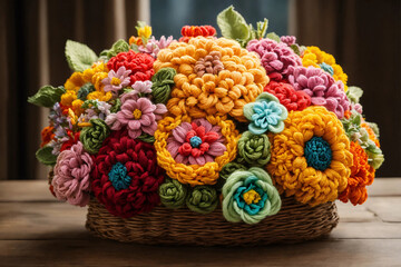 Beautiful vivid colorful knitted flowers made yarn in a wicker basket on wooden table in home room. Wool floral decoration close-up. - 804408637