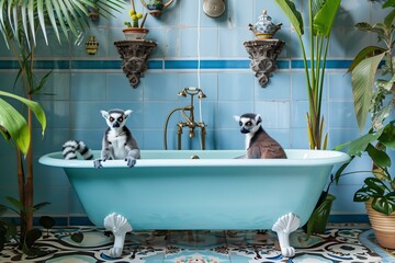 lemurs in a pastel blue luxury bathtub, ornate Moroccan tiles and tropical plants