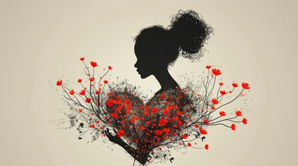 Silhouette of a Woman with a Heart-Shaped Cluster of Red Flowers, Artistic Illustration